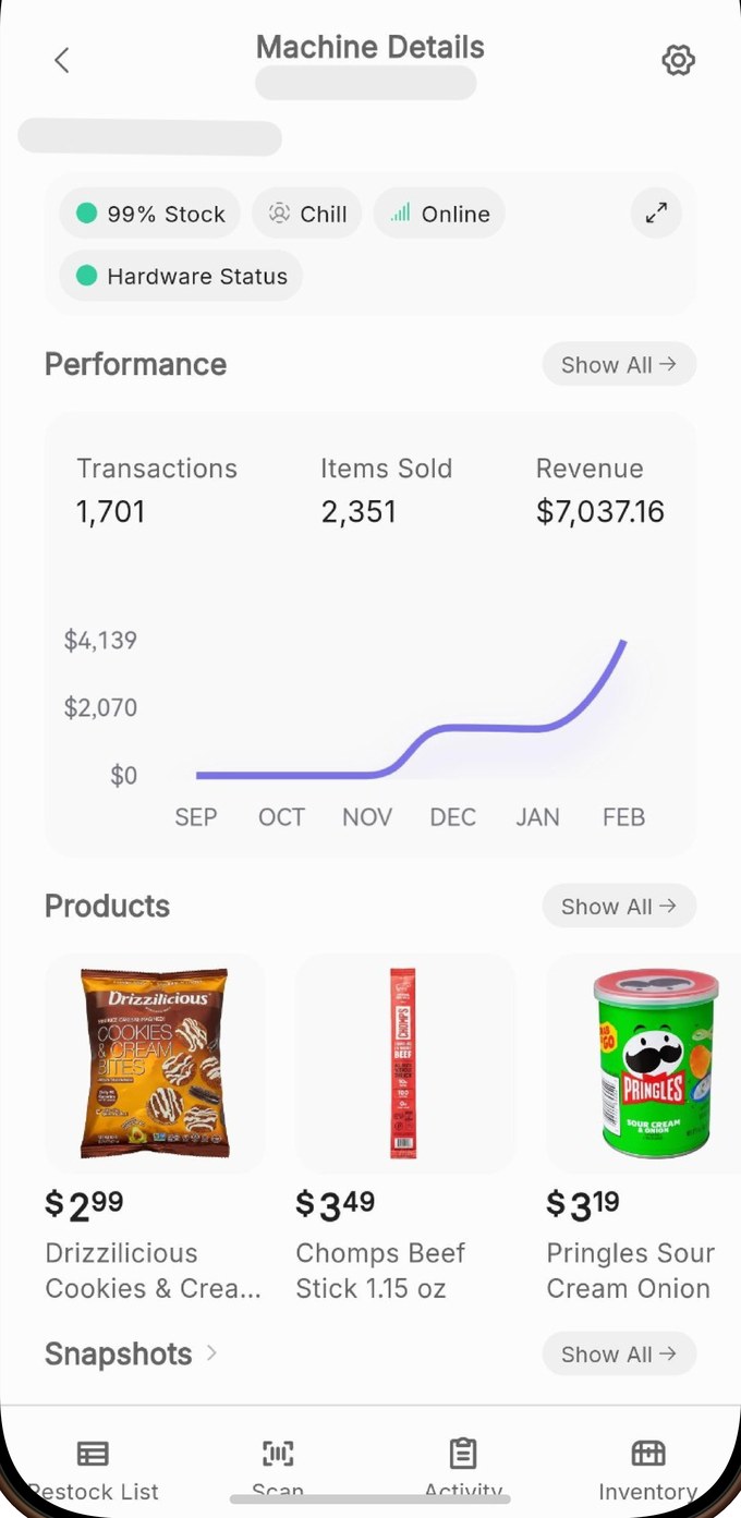 Vendera VMS app showing live machine details, sales and restock alerts