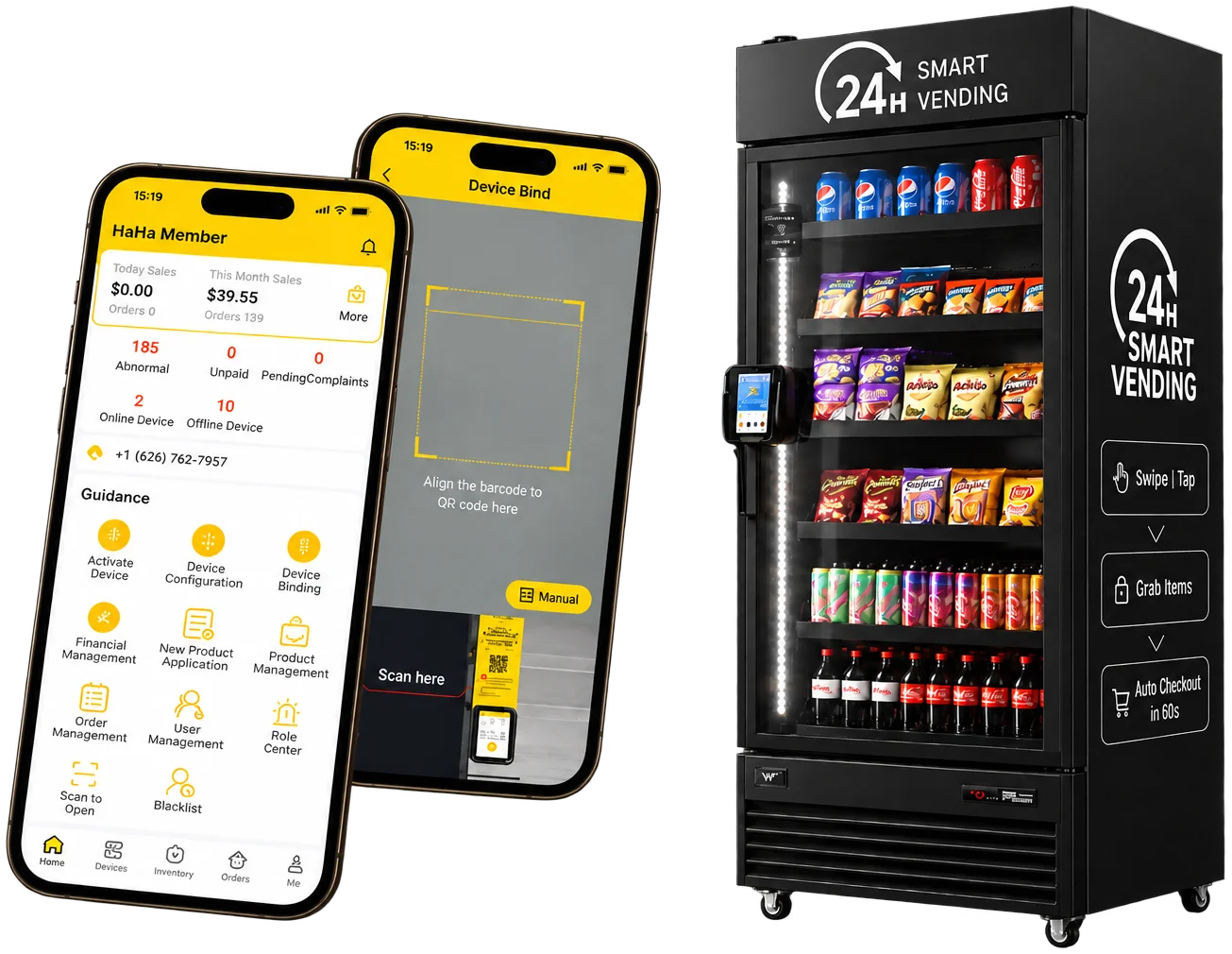HAHA AI Vending app on two phones next to a HAHA smart cooler