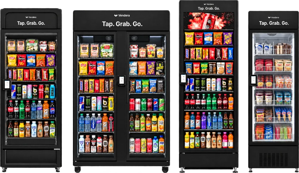 The four Vendera AI smart coolers side by side, fully stocked