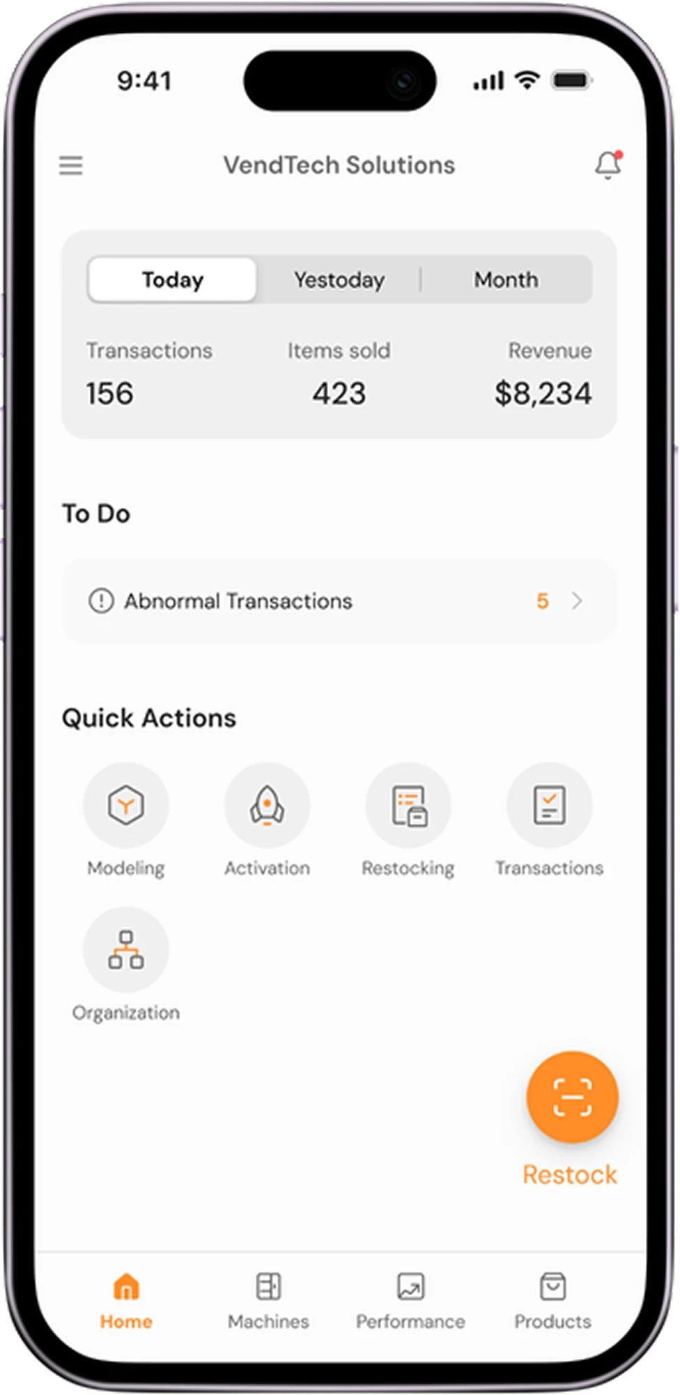Vendera VMS app performance screen with transactions and revenue